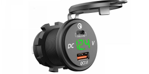Зарядное USB с вольтметром и разъёмом type C+PD зелёная подсветка врезное 12V QC
