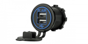 Зарядное USB с синей подсветкой на 2-а гнезда врезное 12V 2.4A+2.4А